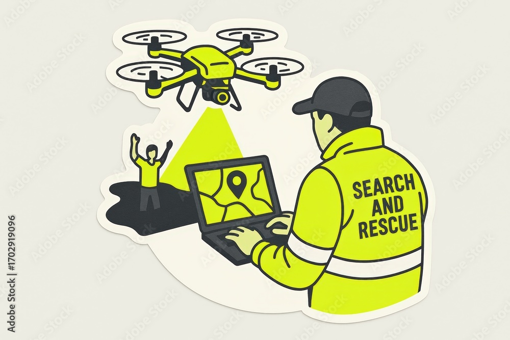 Poster engaging drone rescue operation showcasing a dedicated operator analyzing gps coordinates on a lapto