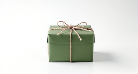 Green Gift Box with Jute Twine Bow, Simple Present Package, Studio Shot, Eco-Friendly Packaging, Holiday Gift, Minimalist Design