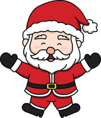 Cute christmas santa claus cartoon character with red suit and hat jumping cheerfully with arms raised wearing black glove and boot