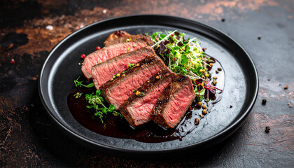 Grilled medium rare beef steak sliced on black plate