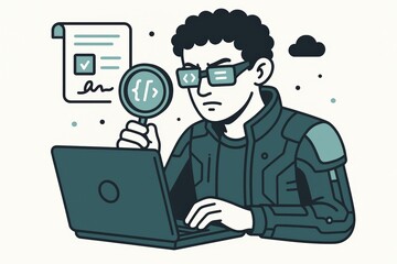 Digital coder scrutinizing complex code blocks on laptop while examining innovative technology concepts through a magnifying glass in a contemporary workspace reflecting analytical precision