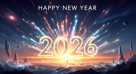 Happy new year 2026 celebration, futuristic, cosmic light, heaven, splash of colors, glowing sparkles, greeting card, background, poster, postcard, banner, calendar, design template.      