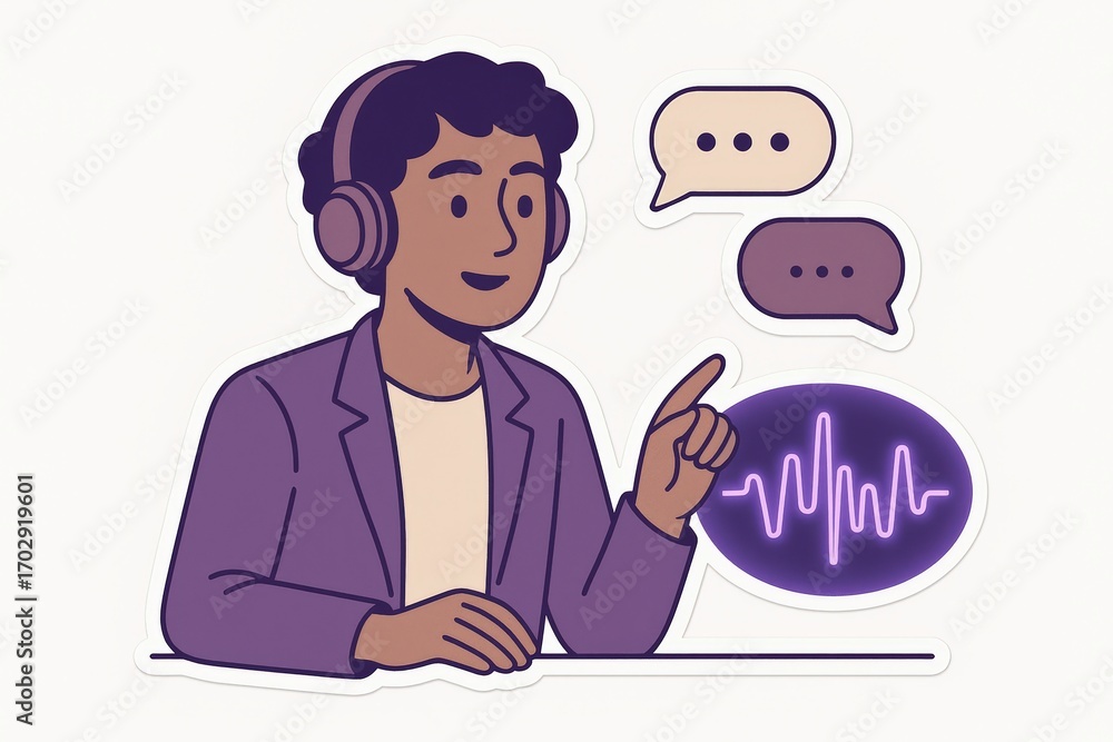 Poster Engaging audio-driven conversation with a friendly male speaker wearing headphones surrounded by speech bubbles and an illustrated sound wave representing communication dynamics and interaction