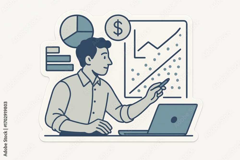 Poster analytical professional engaged in data interpretation illustrating market trends with graphs and ch