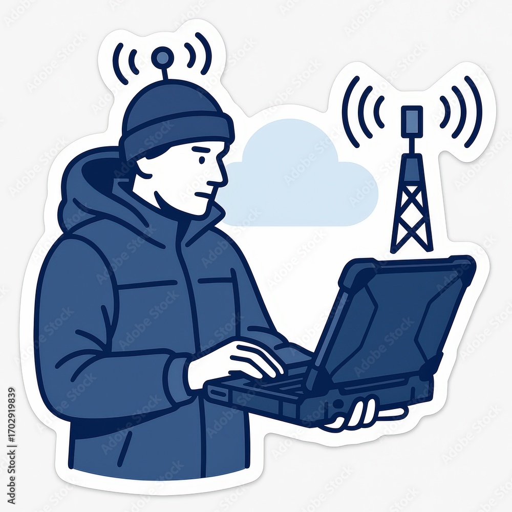 Poster tech-savvy individual engaging in digital communication using secure equipment while monitoring wire