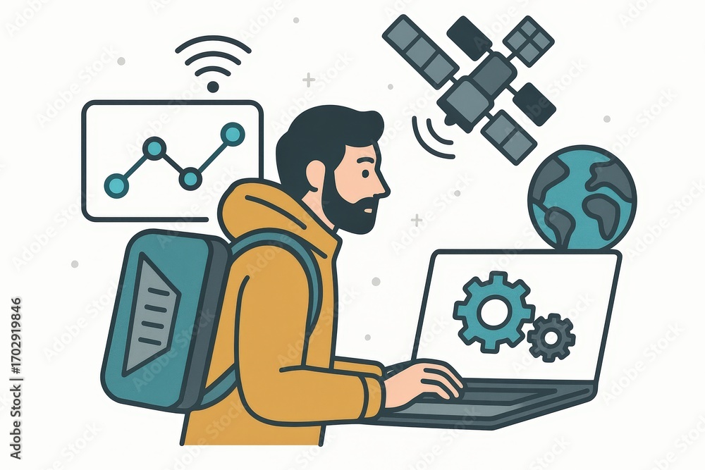 Poster Individual engaged in data analysis and technology exploration using a laptop while surrounded by digital assets satellite imagery and growth metrics reflecting modern innovation landscape