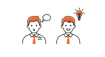 Business colleagues share ideas, one with a thought bubble, another with a bright idea lightbulb.