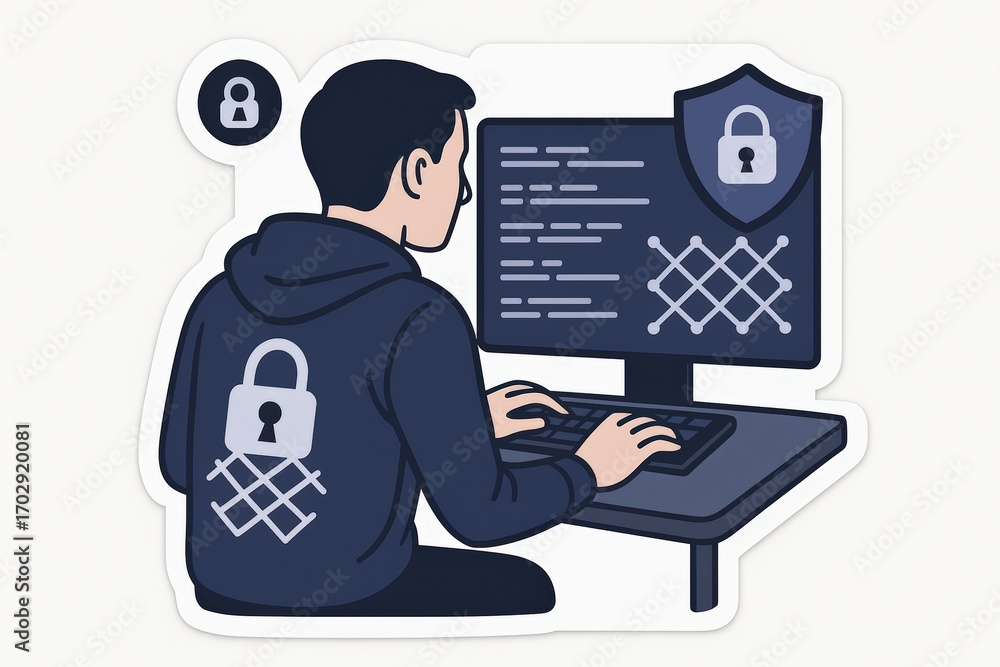 Poster individual engaged in cybersecurity analysis, seated at workstation, focused on building digital saf