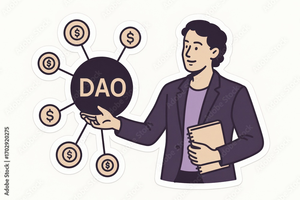 Poster professional man discussing decentralized autonomous organizations with financial network connection