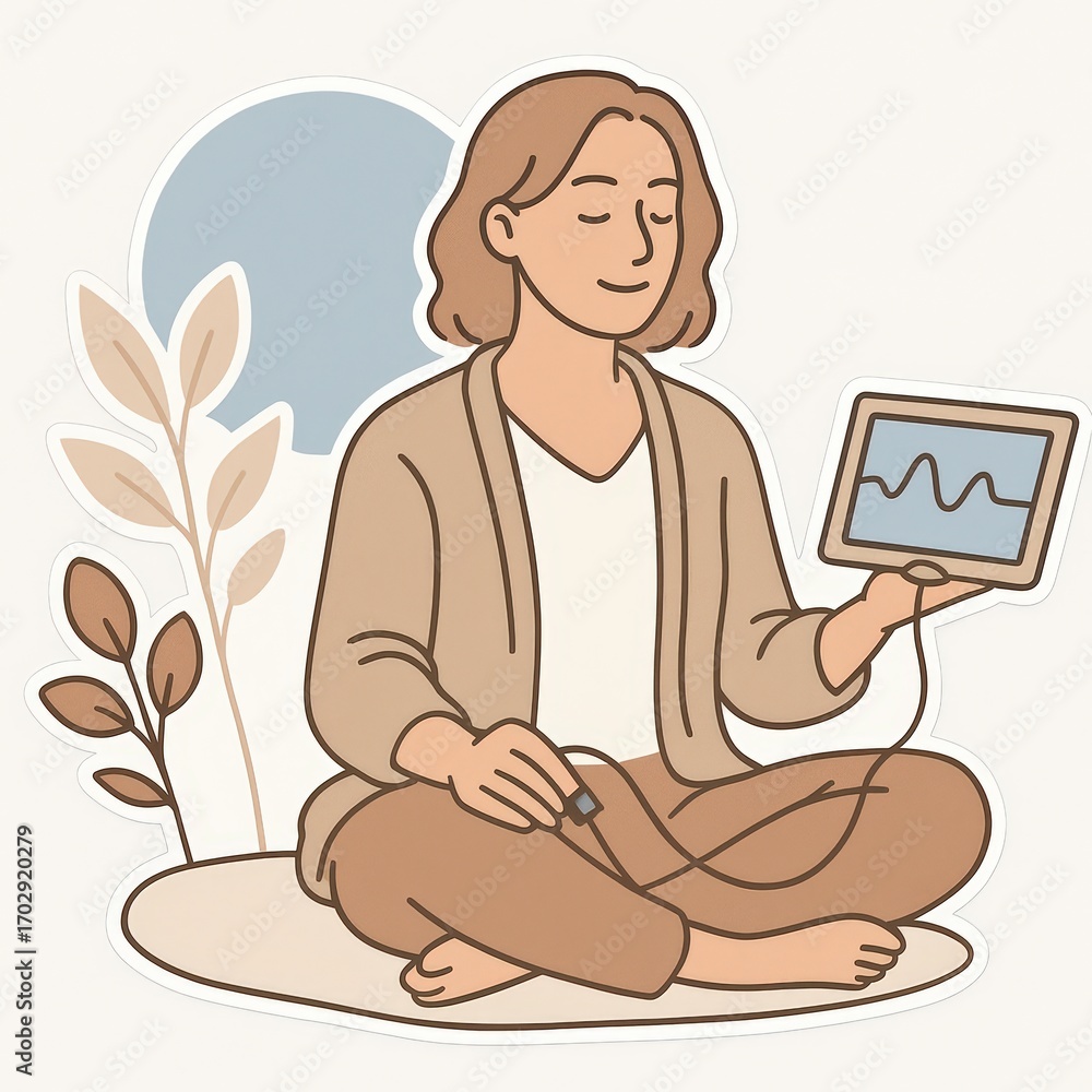 Poster calm individual seated in a tranquil setting monitoring health with a digital tablet presenting rhyt