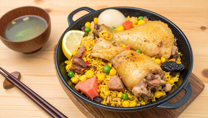 Delicious Chicken Paella with Rice and Garnish