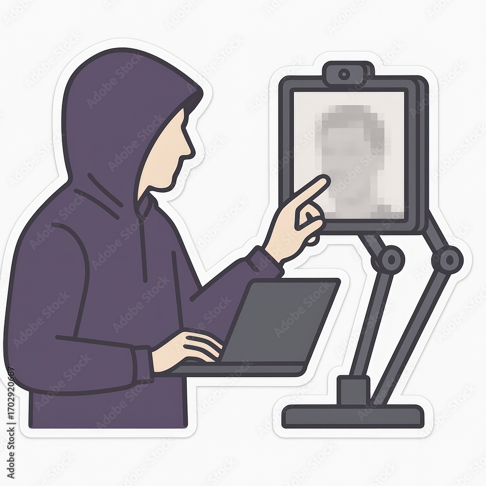 Poster individual in a hoodie analyzing pixelated digital identity through a computer screen exemplifying c