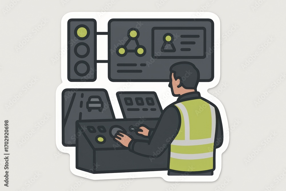 Poster traffic management professional meticulously monitoring signals and vehicle flow in a modern control