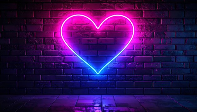 Pink/blue neon heart on dark brick wall and reflective floor - Powered by Adobe
