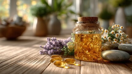 Holistic wellness concept featuring omega-3 capsules with natural elements