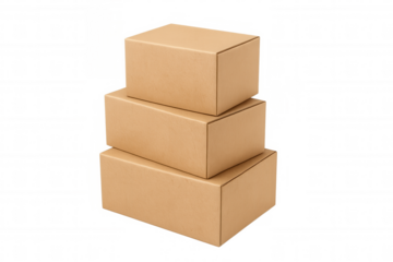 Three closed cardboard boxes forming a stable stack on a transparent background, ready for shipping and delivery