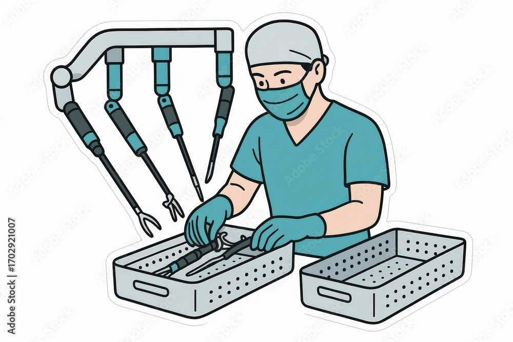 Poster Surgeon preparing surgical instruments while utilizing an advanced robotic assistive technology system to ensure precision execution within a sterile clinical environment