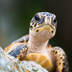 Curious sea turtle peeking out from behind rock, showcasing its unique patterns and textures