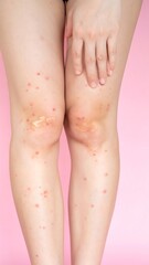 Person's legs with multiple small red sores and patches of skin damage