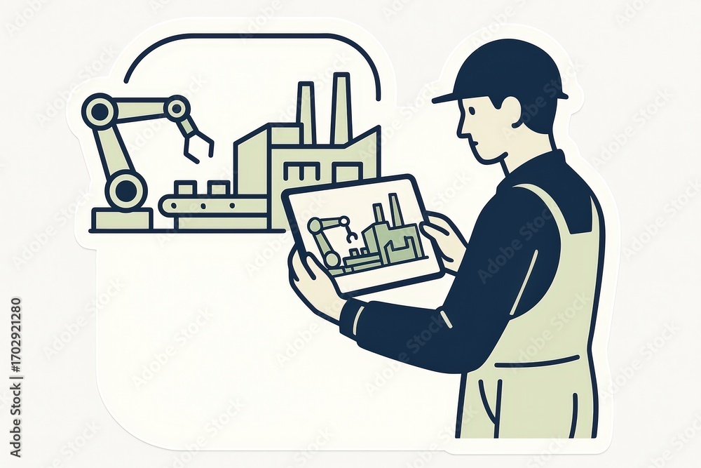 Poster a skilled technician analyzes advanced automation processes on a digital tablet while surveying a mo
