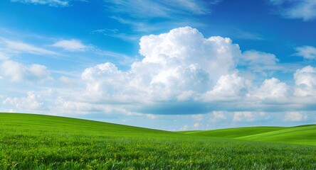 Fototapeta premium Stunning Landscape of Rolling Green Hills Under a Blue Sky with Fluffy Clouds