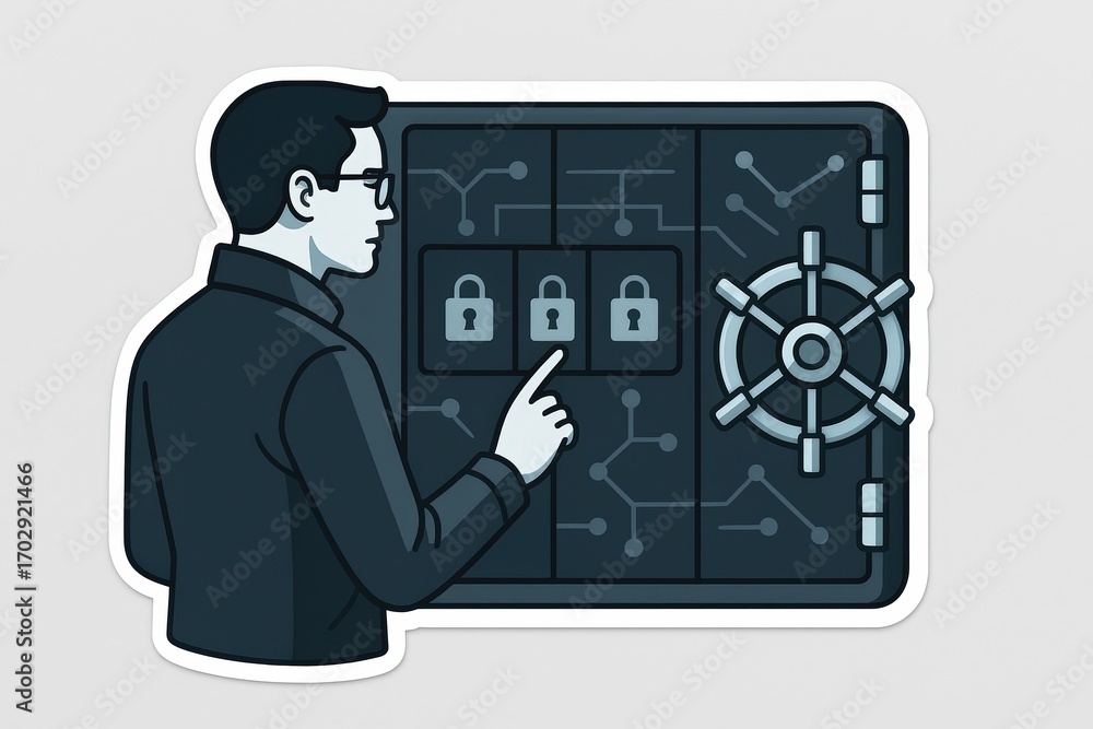 Poster individual engaging with sophisticated security system unlocking advanced technology-driven vault ex