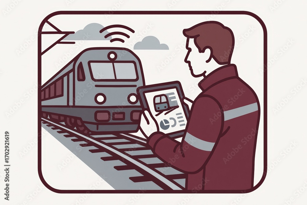 Poster A railway technician interacts with an advanced tablet system while monitoring a passing train showcasing innovation in transportation technology and digital management solutions