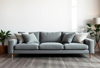 Stylish grey sofa with plush pillows against a crisp white wall in a modern living room,  space, grey sofa