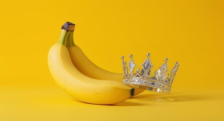 Two ripe bananas with a silver crown on a yellow background