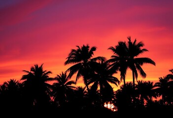 Obraz premium Dark palm tree silhouettes against vibrant sunset, dusk, black