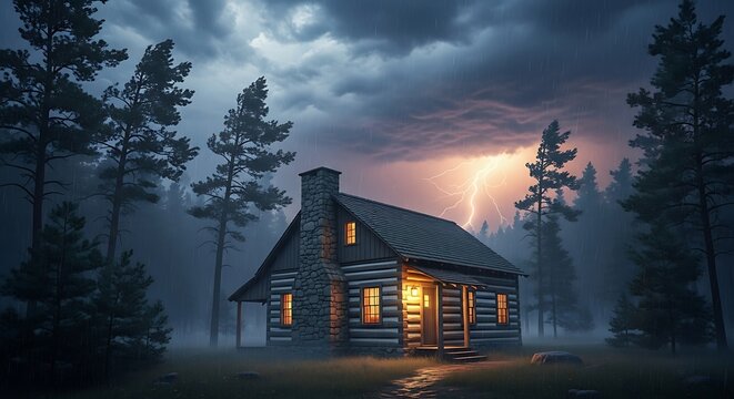 Cabin in the Woods During Storm.