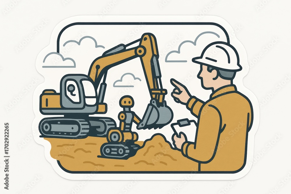 Aufkleber construction engineer directing robotic excavator on earth movement project under clear blue skies h