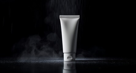 White cosmetic tube mockup, dark background, rain effect, beauty product packaging, skincare template, elegant design, studio shot