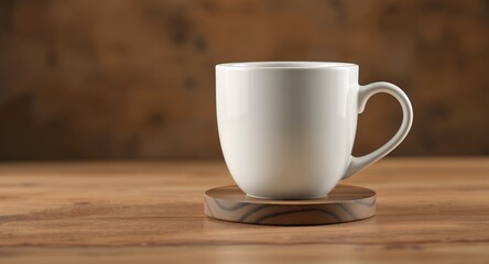 White Mug on Wooden Coaster, Coffee Cup Mockup, Beverage Photography
