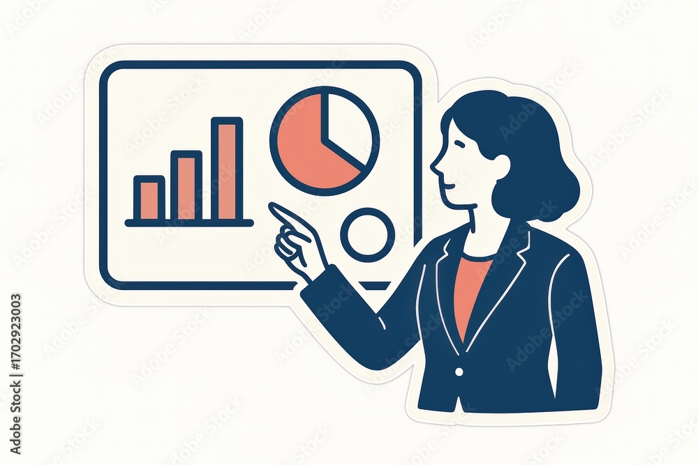 Poster professional businesswoman presenting analytical data with bar graph and pie chart in a dynamic work
