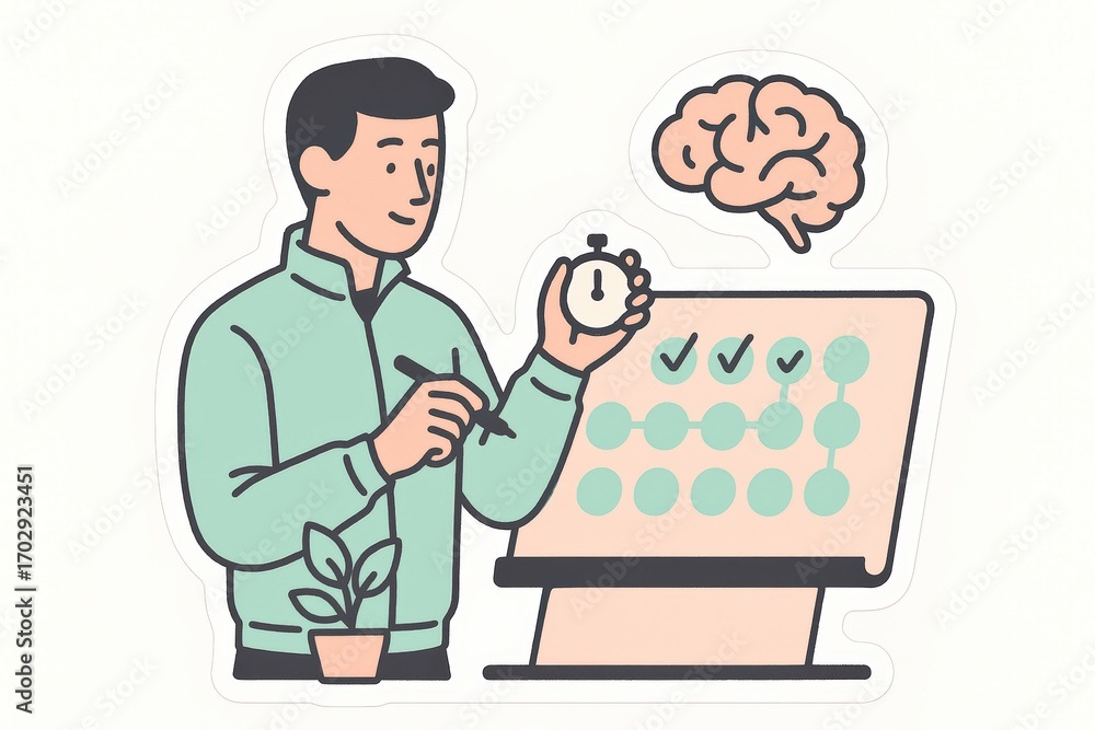 Aufkleber engaging man analyzing checklists with stopwatch and plant while connecting creativity and productiv