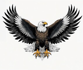 Obraz premium An eagle spreading its wings wide, black ink feathers in symmetrical patterns