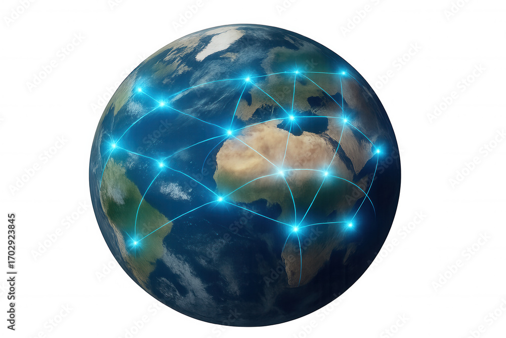 Poster global network and internet concept showing glowing lines connecting continents on planet earth, wit
