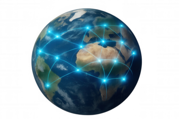 Global network and internet concept showing glowing lines connecting continents on planet earth, with transparent background
