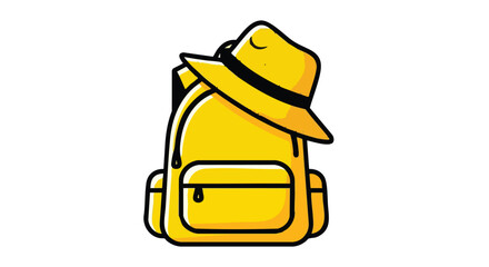 Bright yellow backpack with a stylish straw hat, perfect for summer adventures and travel.