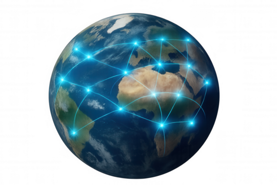 Global network and internet concept showing glowing lines connecting continents on planet earth, with transparent background
