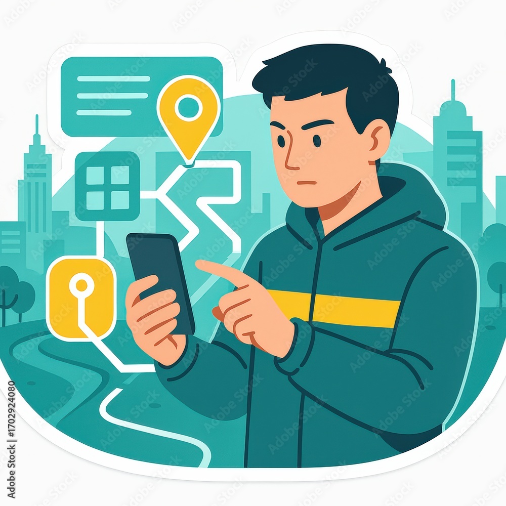 Poster Young man exploring a modern urban landscape while using a smartphone application for navigation in a dynamic city environment showcasing futuristic technology and digital interaction