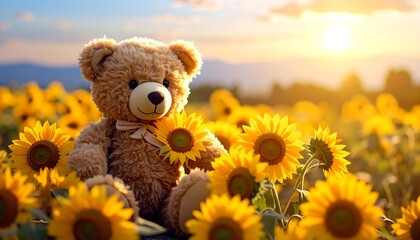 Teddy bear in a sunflower field at sunset (1)