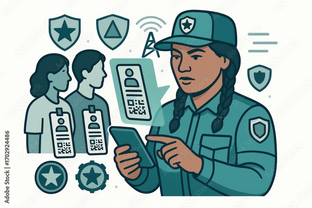 Poster Security professional engaging technology while monitoring identity verification processes with digital devices showcasing symbols of protection and trust within a modern context