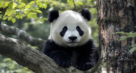 A Cute Panda Cub in a Treetop Embrace