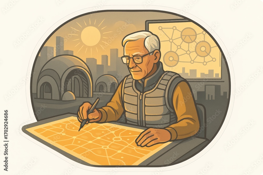 Poster Elderly man analyzing complex data visualization on a futuristic screen with a backdrop of city skyline and golden sunlight illuminating abstract connections representing deep insights into