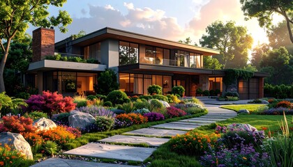 Obraz premium Luxurious modern house amidst lush garden, blending nature with design