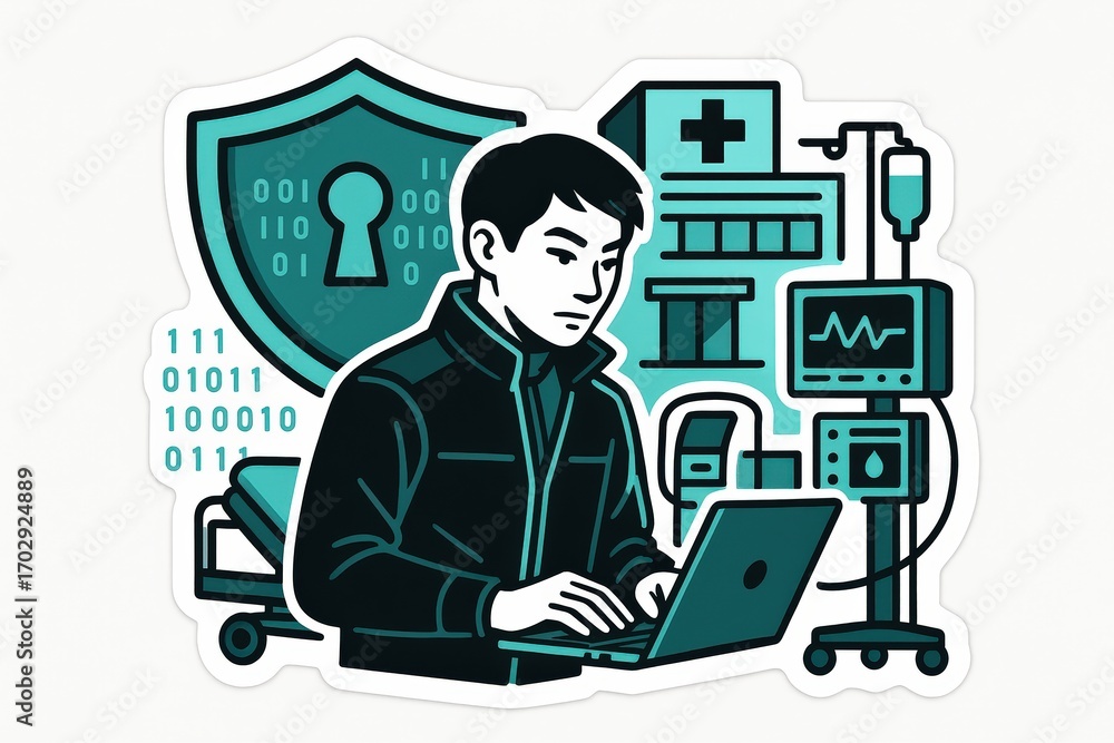 Poster cybersecurity expert analyzing data privacy risks in healthcare environment with advanced technology