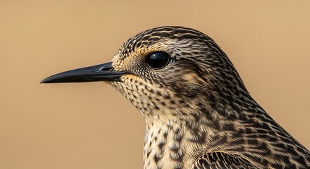 Close-up detailed portrait of a migratory bird showcasing plumage and sharp features displaying