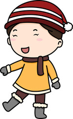 Fototapeta premium Cute winter child wearing warm hat scarf and boots smiling happily